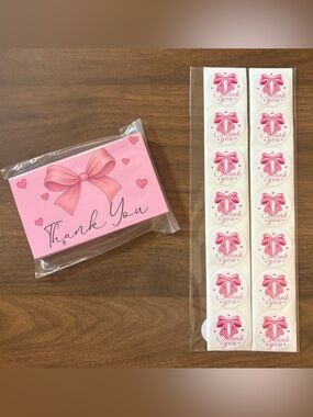 25 Bow & Heart Thank You Cards w/100 Matching Bow Stickers